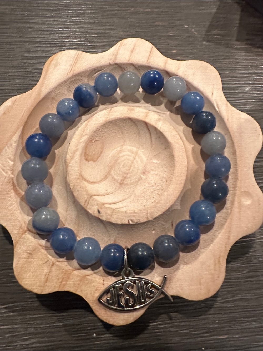 Blue Agate Beaded Bracelet with Jesus Fish Charm